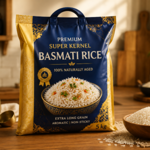 premium basmati rice in rustic kitchen